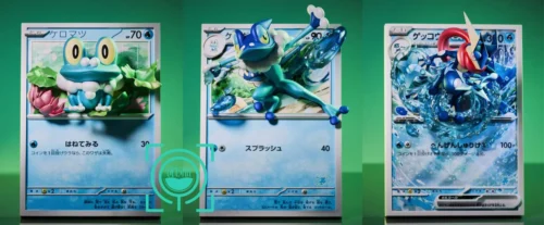 Evolution of Froakie Set Coming Out From Pokemon Card - Pokemon Resin Statue - GEISHA Studio