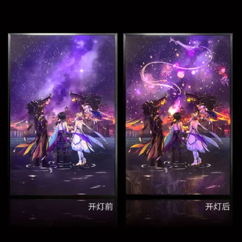 3D Decorative Paint of Light Guide Transformation Zhongli & Xiao & Lumine & Paimon Watch Fireworks In Starry Sky With LED - Genshin Impact Decorative Painting - Mystical Art Studios