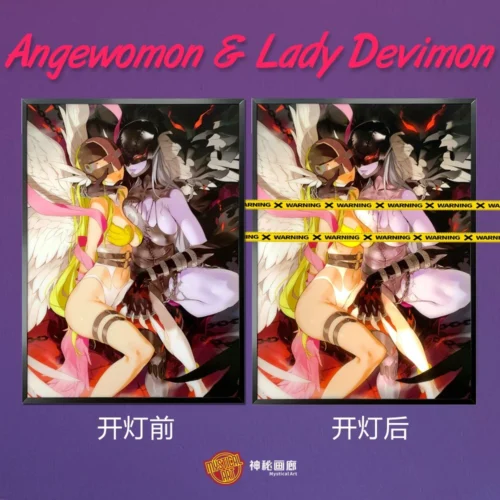 3D Decorative Paint of Light Guide Transformation Angewomon VS Lady Devimon with LED - Digimon Decorative Painting - Mystical Art Studios
