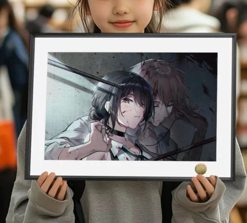 A3 & 4K Size Reze & Denji Run Together Decorative Painting - Chainsaw Man Decoration Painting - HuangGua Studio