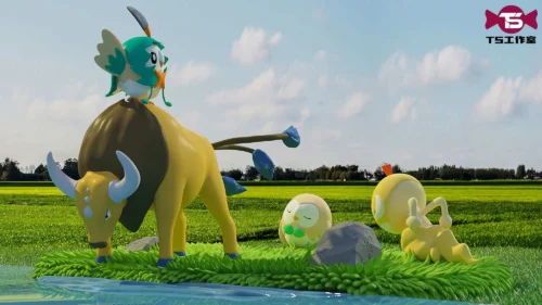 1/20 Scale World Zukan Rowlet Set & Tauros & Scraggy - Pokemon Resin Statue - TS Studios - Image 1