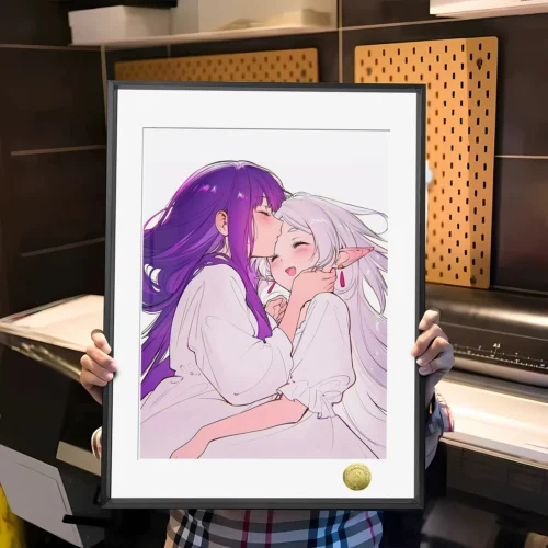 A3 & 4K Size Hugging Frieren & Fern Decorative Painting - Frieren: Beyond Journey's End Decoration Painting - HuangGua Studio - Image 1