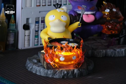 Chef Psyduck & Calcifer with LED - Pokemon Howl's Moving Castle Resin Statue - MMLAND Studio - Image 1