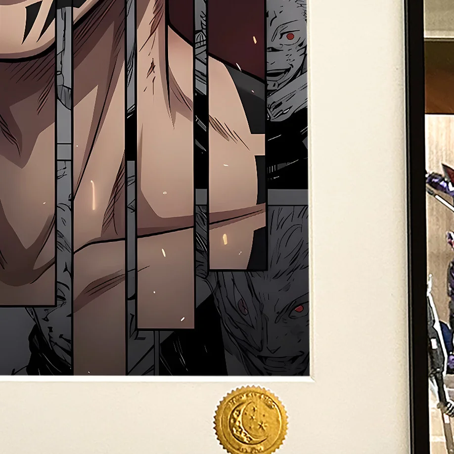 "Gallery views: Gojo Satoru & Sukuna Jujutsu Kaisen art print. Highlights dynamic cosmic battle details and limited edition hand-numbered."