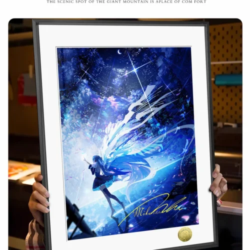 "Detailed views of the limited edition Hatsune Miku Future Diva art print, showcasing its vibrant, dynamic illustration and premium framed finish. Han