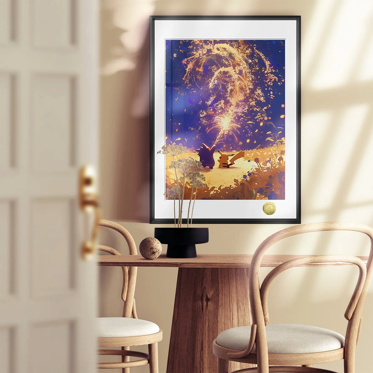 "Vibrant limited edition Pokemon wall art print features Pikachu and Gengar enjoying summer fireworks, highlighting artistic details of this fan art."