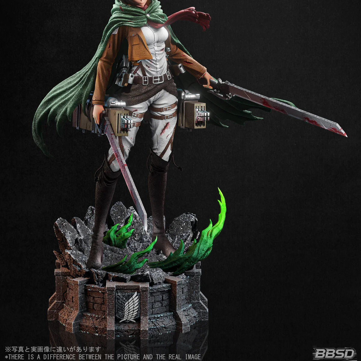 "Premium 1/6 Mikasa Ackerman statue. Detailed view of its dynamic pose and intricate sculpting from a unique angle, highlighting this limited edition. "