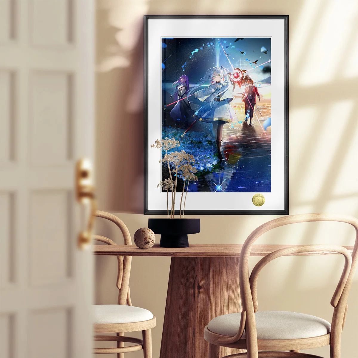 "Close-up of the premium framed Frieren Strongest Trio art print, highlighting vibrant details and dynamic action from the Limited Edition series."