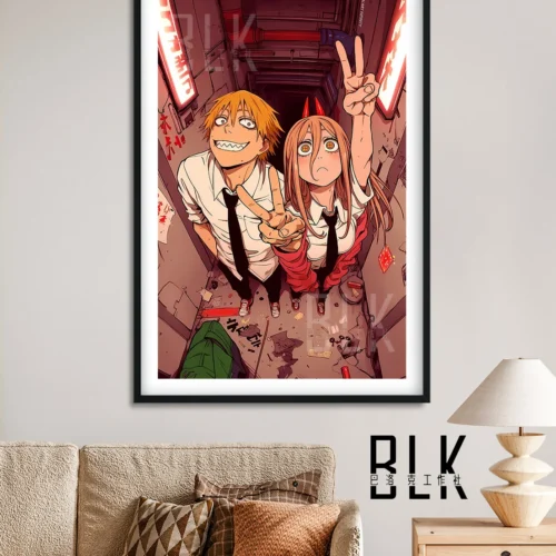 "A vibrant close-up of the Funny Duo Chainsaw Man decorative painting from Baroque Studio"