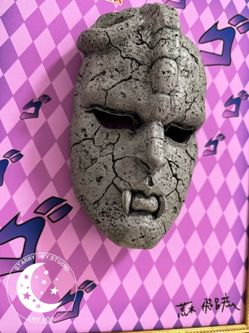 "Limited Edition JoJo Stone Mask Art revealing iconic relief details, Araki Signature, premium craftsmanship, and ornate gold frame."