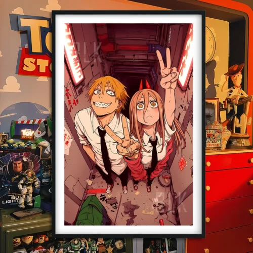 "Playful Chainsaw Man art featuring a funny duo in a vibrant, stylized decorative painting, perfect for unique anime fan decor."