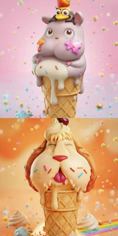 Adorable Boh & Heen original character figures enjoying colorful ice cream, showcasing Longmiao Studio's charming, playful summer design.