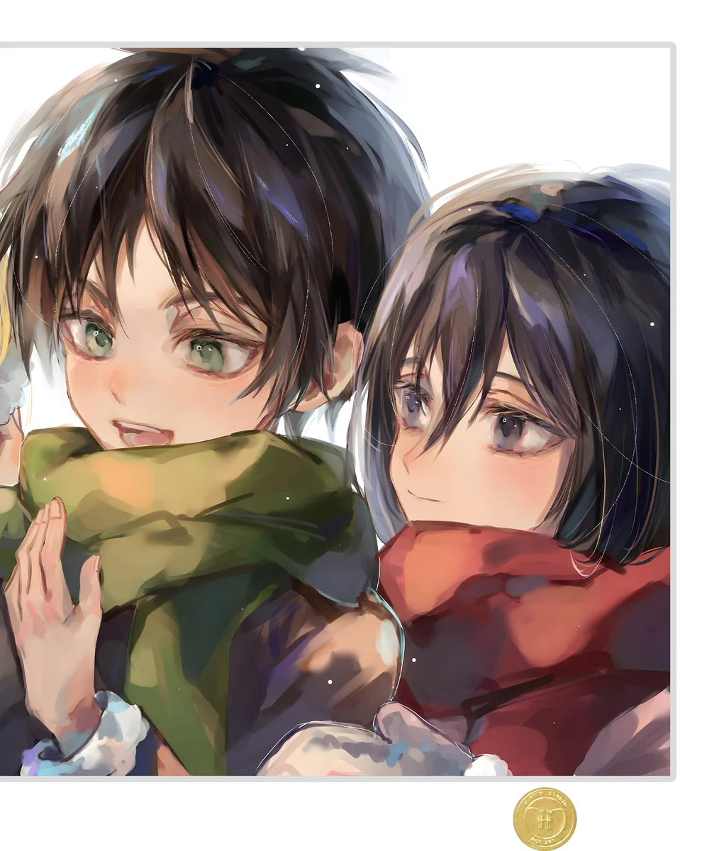 "Premium limited edition Attack on Titan painting of Eren, Mikasa, and Armin. "