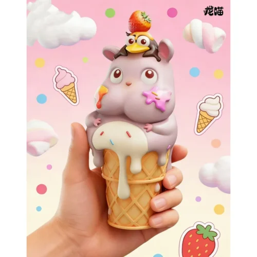Adorable Boh & Heen original statue, detailed from various angles, featuring cute animal figures enjoying vibrant pastel ice cream.