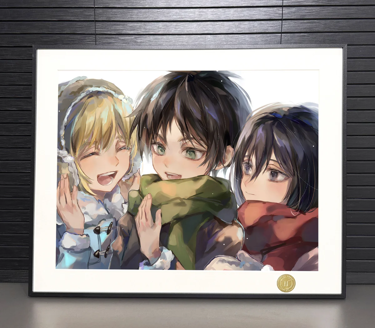 "Premium, limited edition Attack on Titan painting of Eren, Mikasa, Armin. Dynamic, emotional anime art print highlighting exquisite details."