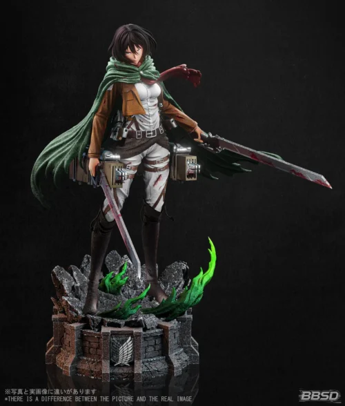 "Premium 1/6 Mikasa Ackerman Attack on Titan resin statue by BBSD Studio, showcasing her dynamic battle pose on a detailed rubble base. "
