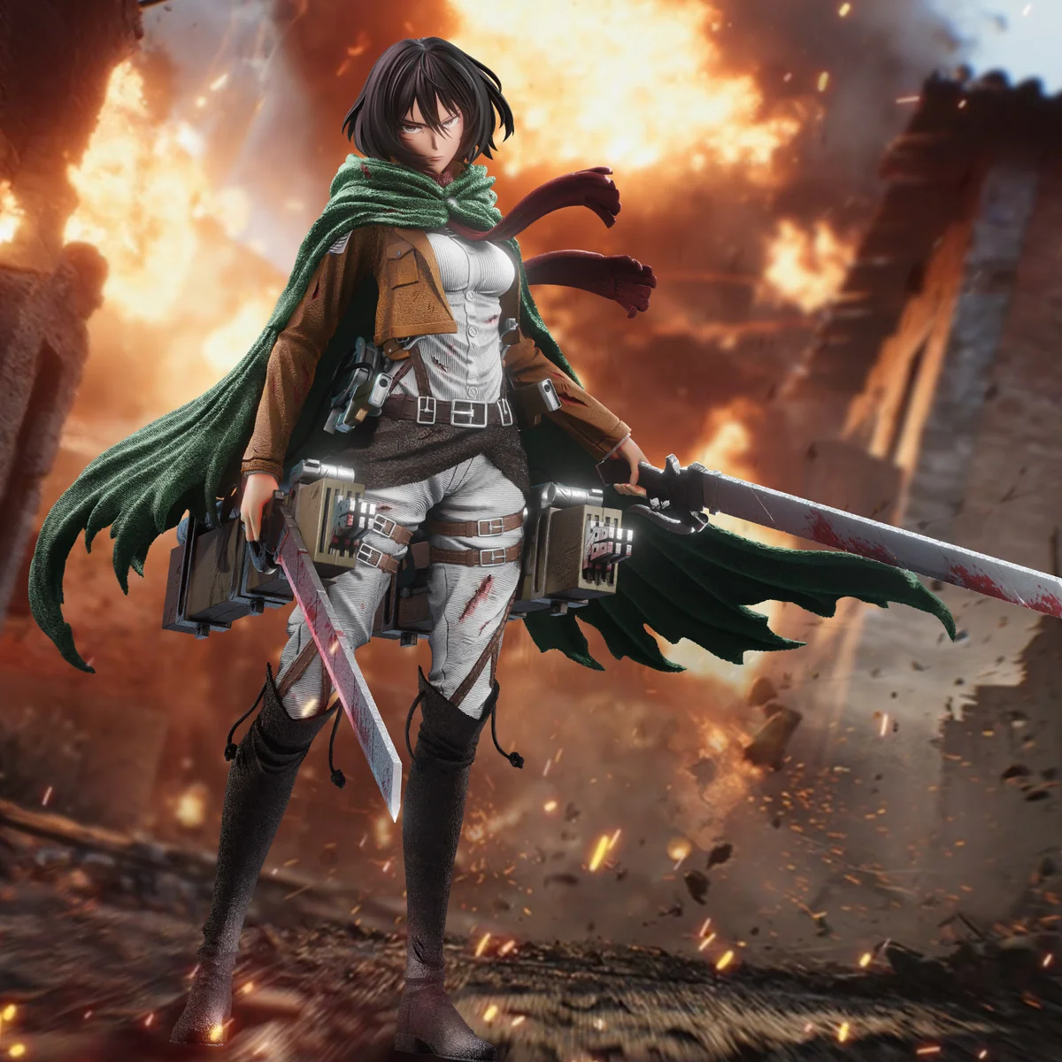 "Premium 1/6 Mikasa Ackerman Attack on Titan resin statue. See dynamic pose, intricate sculpted details, and battle-ready stance from various angles."