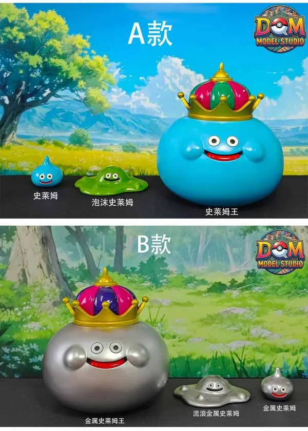 "Vibrant Dragon Quest Slime family resin figures, capturing the iconic and playful forms of these beloved characters from DQM Studio."