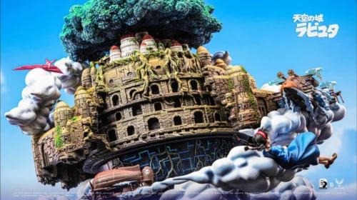 "Detailed views of the Pazu Sheeta Dola Three-Tiered Castle in the Sky diorama statue, revealing intricate sculpts, iconic scenes, and multi-layered."