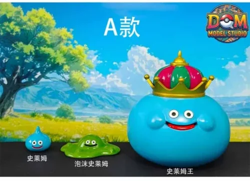 "Gallery of iconic Dragon Quest Slime family resin figures, showcasing vibrant colors, playful forms, and intricate sculpt details from various angles."