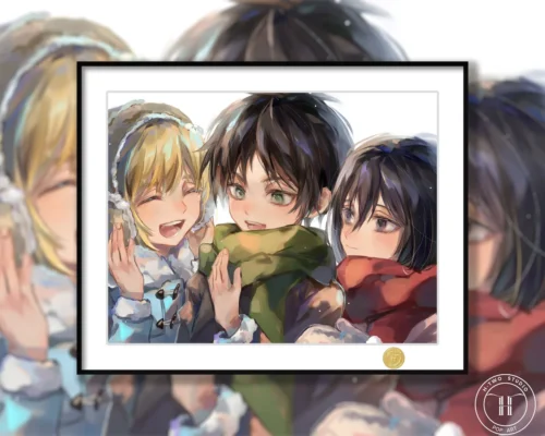"Limited Edition Premium Attack on Titan painting showcasing Eren, Mikasa, and Armin in a dynamic, emotional art print."