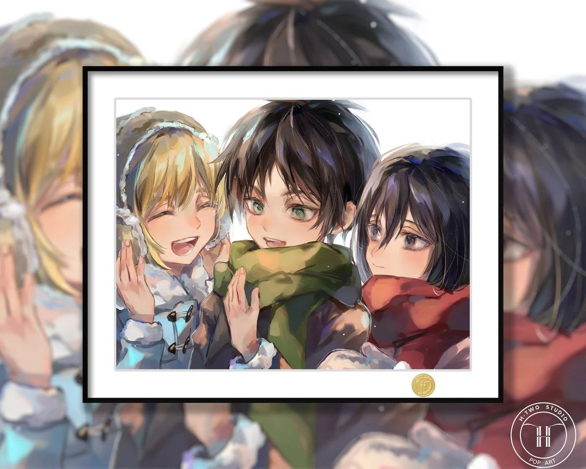 "Limited Edition Premium Attack on Titan painting showcasing Eren, Mikasa, and Armin in a dynamic, emotional art print."