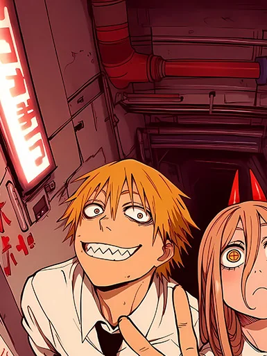 "A vibrant, playful close-up of the Funny Duo Chainsaw Man decorative painting, showcasing its exaggerated anime style and unique character details."