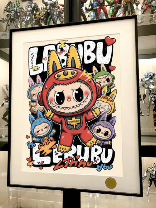 "Multiple angles of the Limited Edition Archival Labubu Art Print, detailing the dynamic Labubu figure and vibrant cosmic lightning storm backdrop."