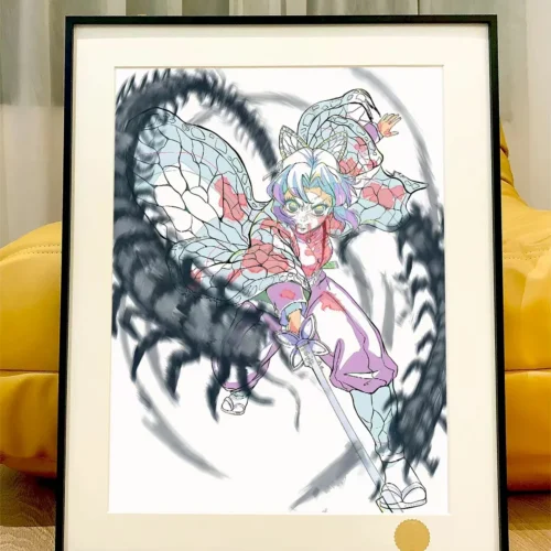 Dynamic Demon Slayer Hundred-Legged Zigzag Shinobu Kocho in intense action on a backdrop.