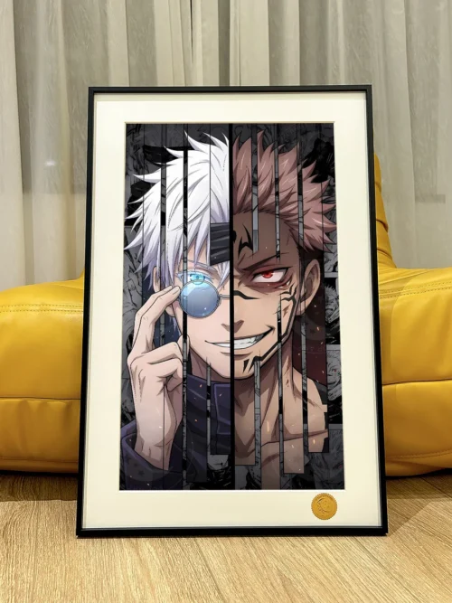 "Premium limited edition hand-numbered Jujutsu Kaisen art print: Gojo Satoru & Sukuna's dynamic Starry Sky cosmic battle."