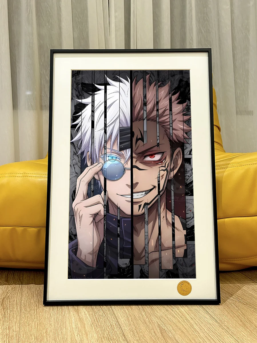 "Premium limited edition hand-numbered Jujutsu Kaisen art print: Gojo Satoru & Sukuna's dynamic Starry Sky cosmic battle."