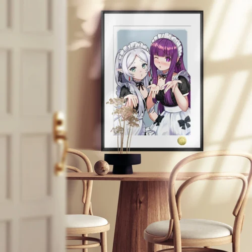 Limited edition premium Frieren Maid Painting, a framed print. Frieren & Fern in elegant maid outfits, serene Frieren: Beyond Journey's End art.
