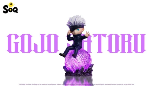 "Adorable Chibi Gojo Satoru Jujutsu Kaisen resin statue gallery. Features dynamic pose, intricate sculpted details, and vibrant LED light-up."