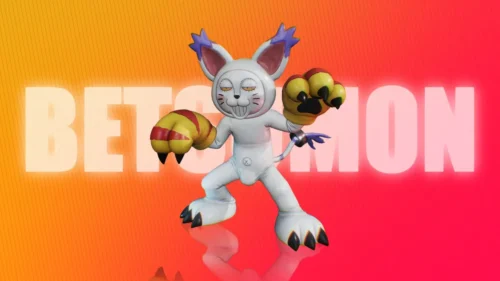 "Mischievous Betsumon Digimon statue by Hudie Studio, vibrant purple with a playful, dynamic pose. "