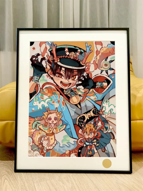 Premium Toilet-bound Hanako-kun Trio Starlight print. Limited edition art of Hanako, Nene, Kou under a starry sky, with handwritten numbering.