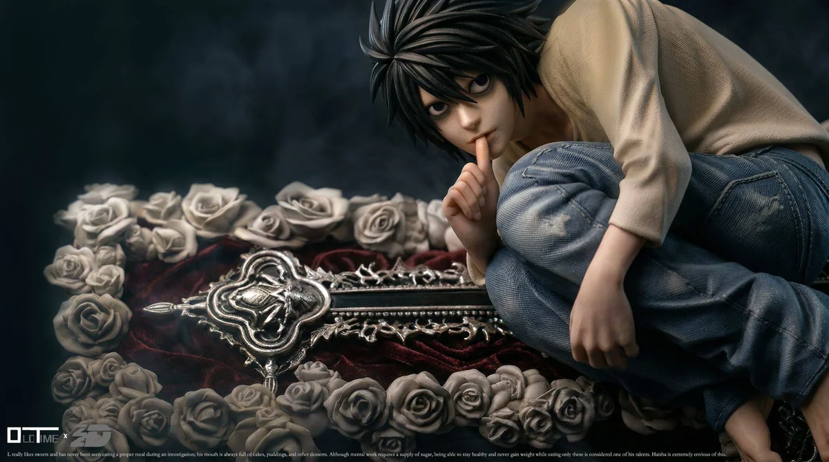 "Limited edition 1/6 L Lawliet Death Note resin figure. Angles show iconic sitting pose, dark aesthetic, intricate details, magnetic display."