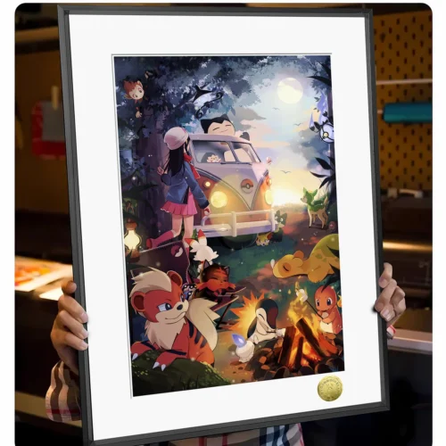 "Close-up of the premium framed, limited edition Pokémon Fire-type art print, highlighting its vibrant artistic details and high-quality frame."