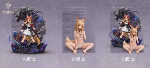 "An exquisite 1/6 scale Arknights Endfield Roxy statue by Nerissa Studio, featuring a dynamic dark fantasy Little Red Riding Hood with mechanical wolf."