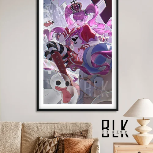 "Gallery of the premium Perona wall art, showcasing its vibrant portrait, elegant frame details, and matching magnetic decor."