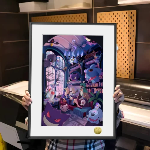 "Limited edition premium framed Pokémon Ghost art print. Whimsical spooky house scene with stylized Ghost-type Pokémon, showcasing unique artistry."