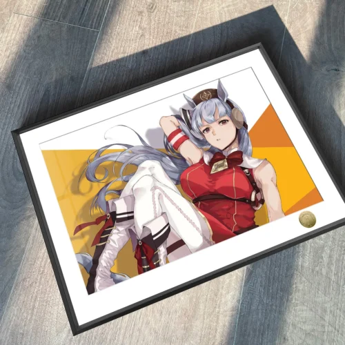 Premium A3/4K Uma Musume Gold Ship art print showcasing vibrant, stylized details, its dynamic essence, and limited edition hand-numbered frame.
