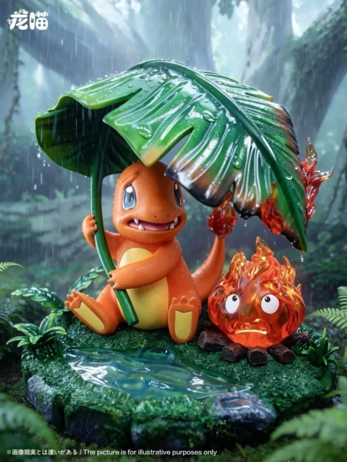"LongMiao Studio's iconic Calcifer and Charmander LED statue, capturing a whimsical rainy encounter with Calcifer's heartwarming glow."