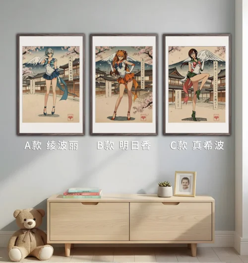 "Vibrant Evangelion Ukiyo-e print from Qùwùtáng Studio, showcasing iconic characters in a unique traditional Japanese art style decorative painting."