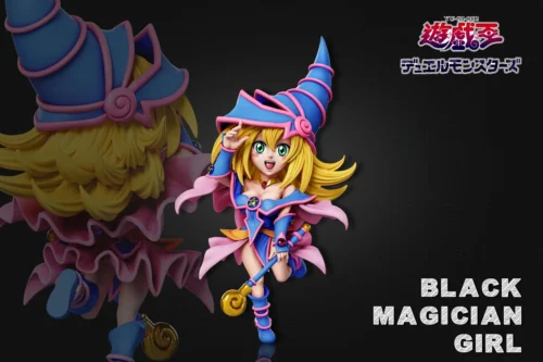 "Playful chibi Dark Magician Girl figure from Yu-Gi-Oh! showcasing her iconic design, vibrant magical effects, and dynamic pose from multiple angles. "