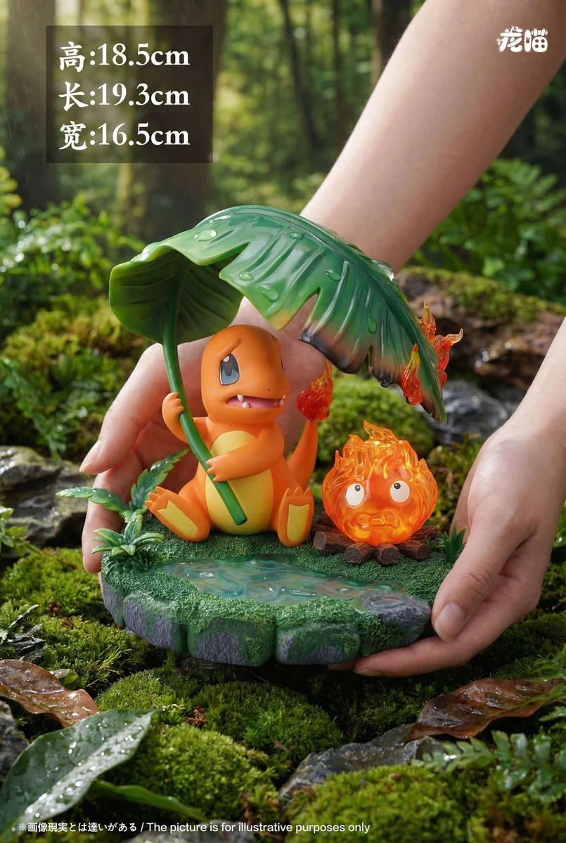 "Detailed views of the Calcifer Charmander LED statue, showing its whimsical rainy crossover and glowing Calcifer with intricate details."