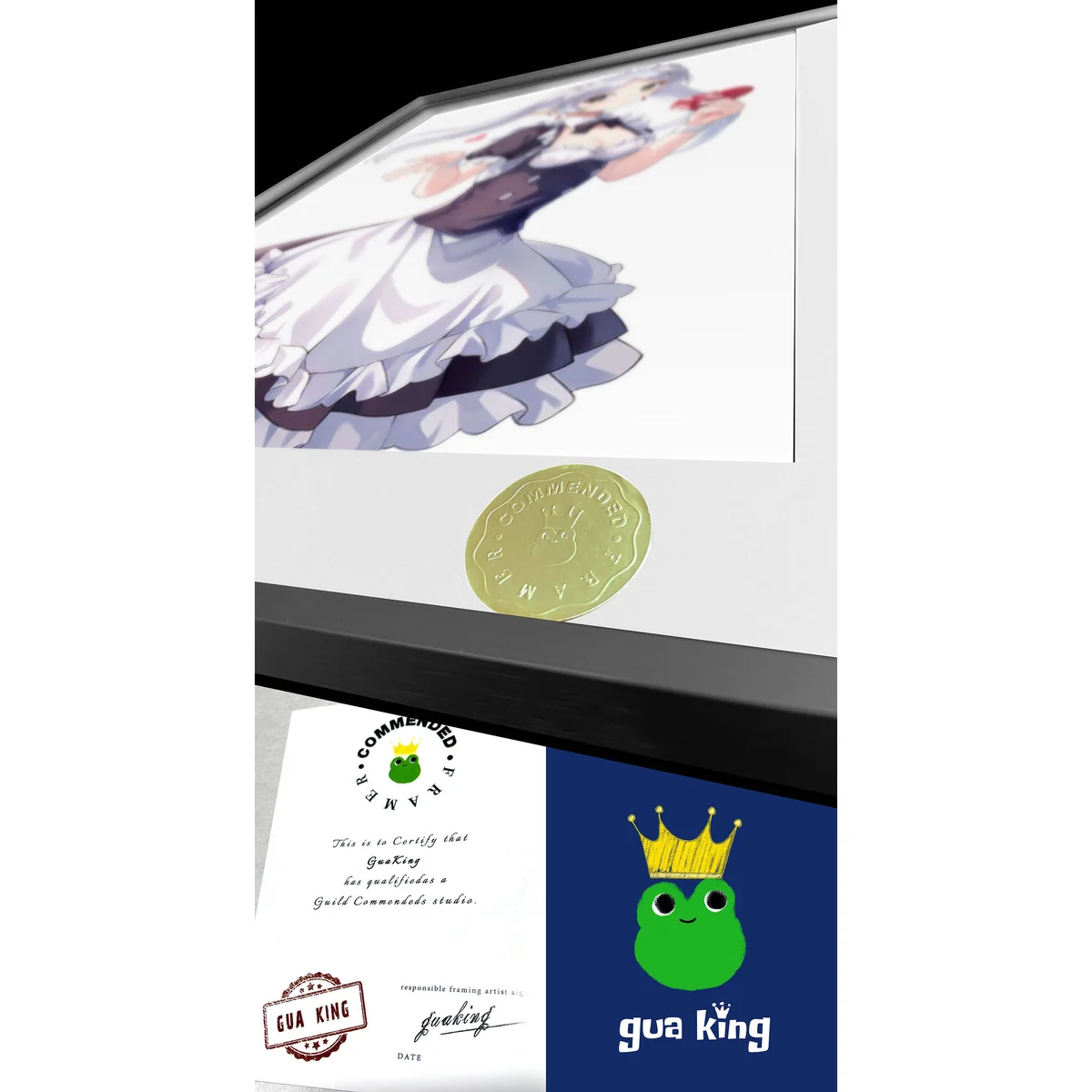 "Adorable Maid Frieren art print, a limited edition hand-numbered piece. Whimsical fan-art details and elegant framing are showcased."