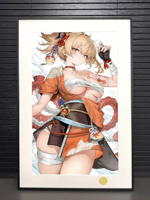 Vibrant Limited Edition Genshin Impact Yoimiya Art Print in a fiery pose, showcasing intricate details and fireworks from this premium decorative paiinting.