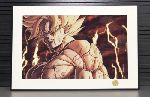 "Dynamic angles of the limited edition Battle-Damaged Super Saiyan Goku decorative painting, highlighting intricate details and the framed art's artist."