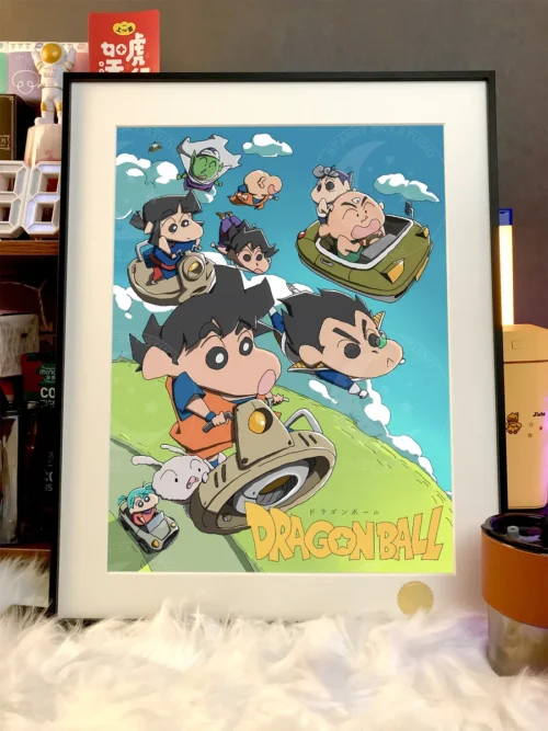 "Limited edition Dragon Ball Crayon Shin-chan crossover decorative painting. Gallery views highlight the vibrant cosmic art and iconic character."