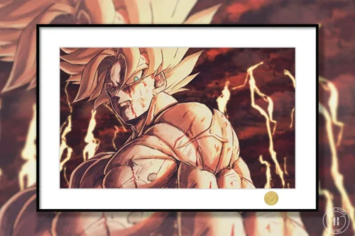 "Dynamic limited edition Dragon Ball Goku battle-damaged art print. This high-quality framed decorative painting showcases Super Saiyan Goku's power."